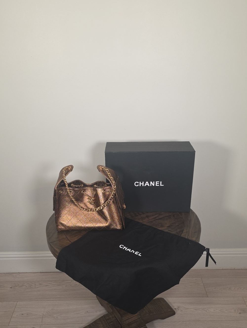 CHANEL Metallic Bronze Quilted Leather Shoulder Bag with Gold Chain